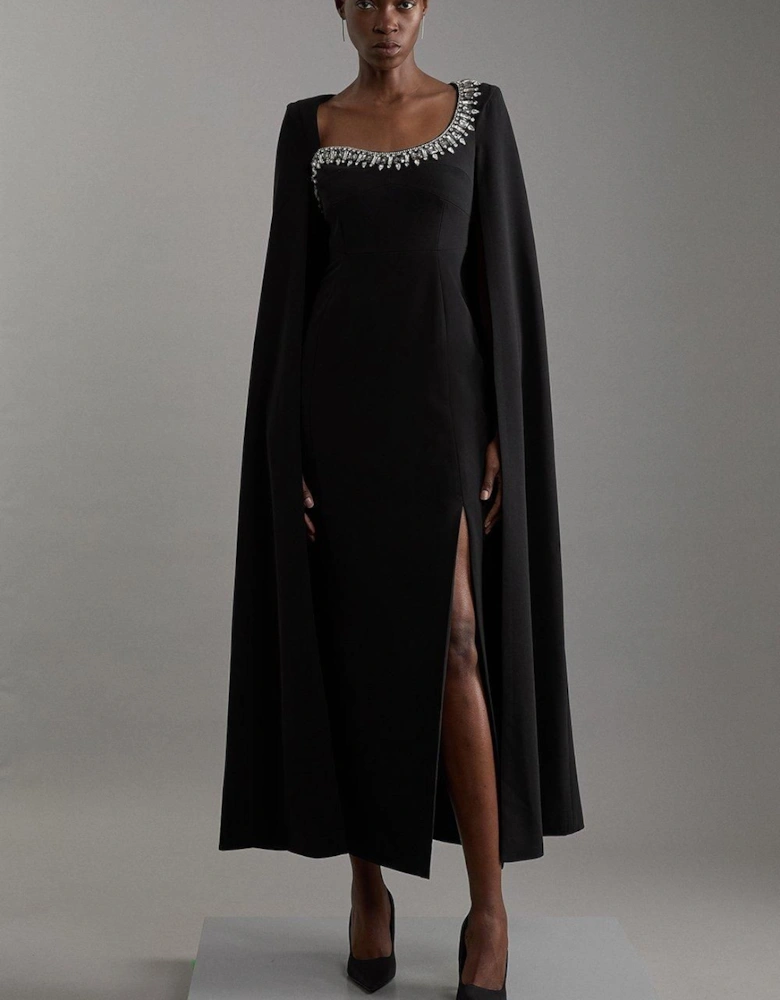 Crystal Embellished Viscose Crepe Woven Cape Maxi Dress