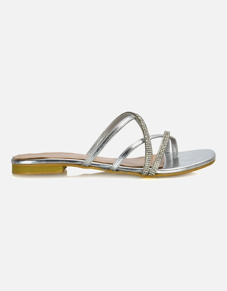 'Loretta' Cross Over Strappy Slip On Flat Diamante Sandals