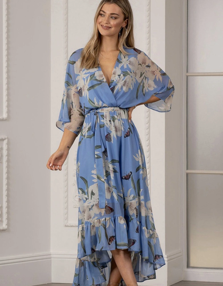 Light Blue Floral Kimono Sleeves Dip Hem Wrap Midi Dress