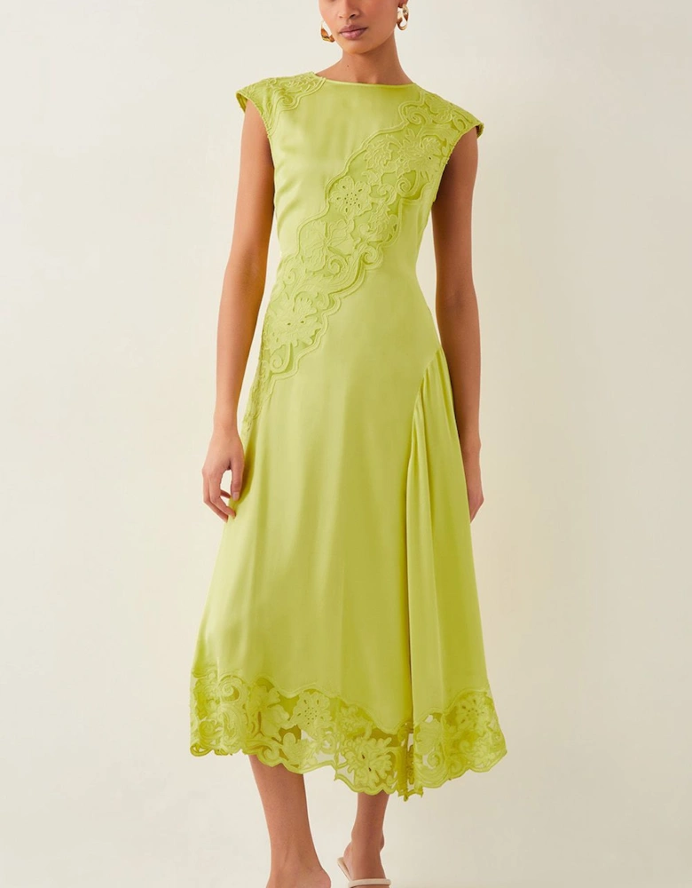 Ingrid Embroidered Satin Midi Dress Green
