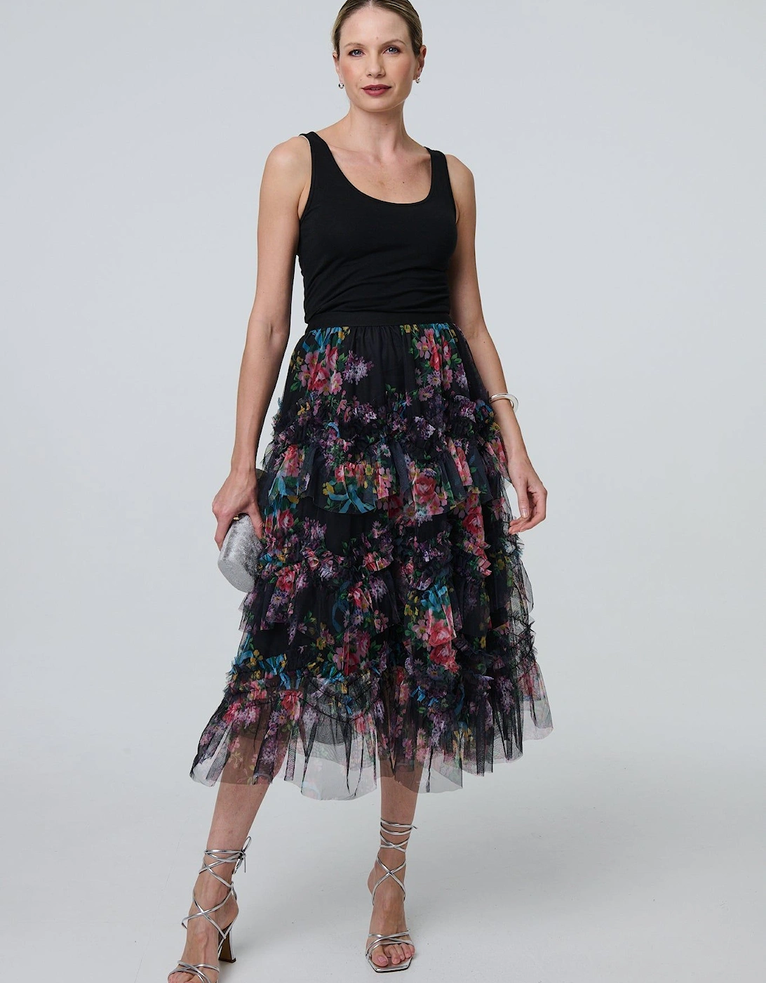Floral Semi Sheer Mesh Ruffled Midi Skirt, 2 of 1