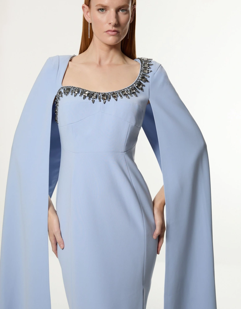 Crystal Embellished Viscose Crepe Woven Cape Maxi Dress