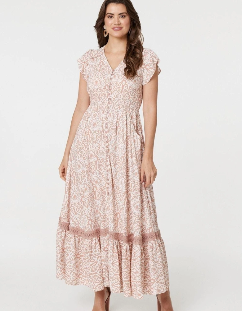 Paisley Print Lace Trim Maxi Dress