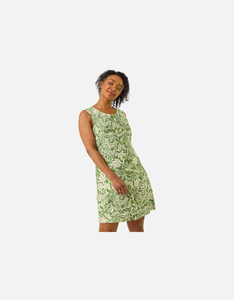 Petite Leaf Print Buttoned A-Line Dress