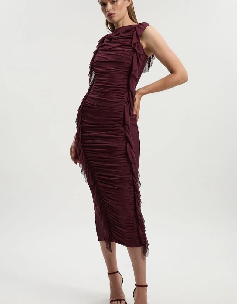 Bandage Mesh Gathered Ruffle Knitted Maxi Dress