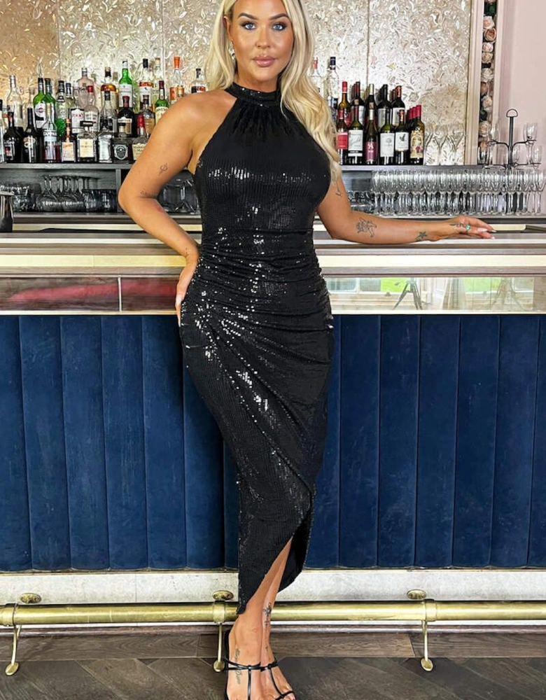 Black Rectangular Sequin Halter Neck Draped Wrap Skirt Midi Dress