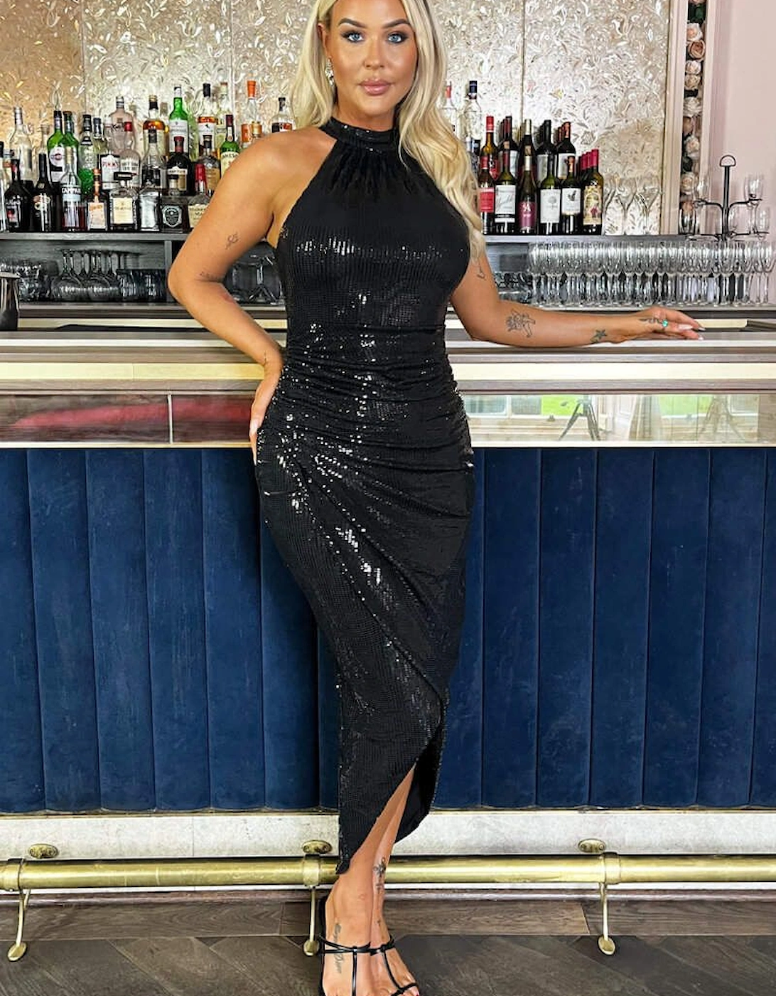 Black Rectangular Sequin Halter Neck Draped Wrap Skirt Midi Dress, 2 of 1