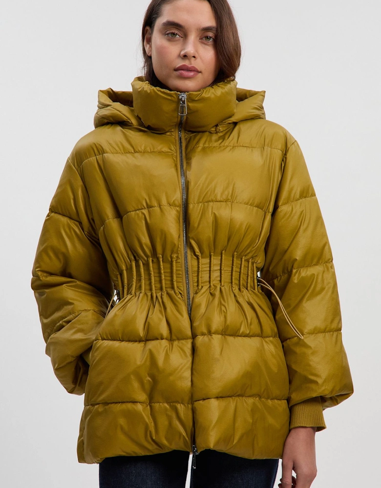Quilted Drawstring Waist Hooded Rib Cuff Puffer Jacket