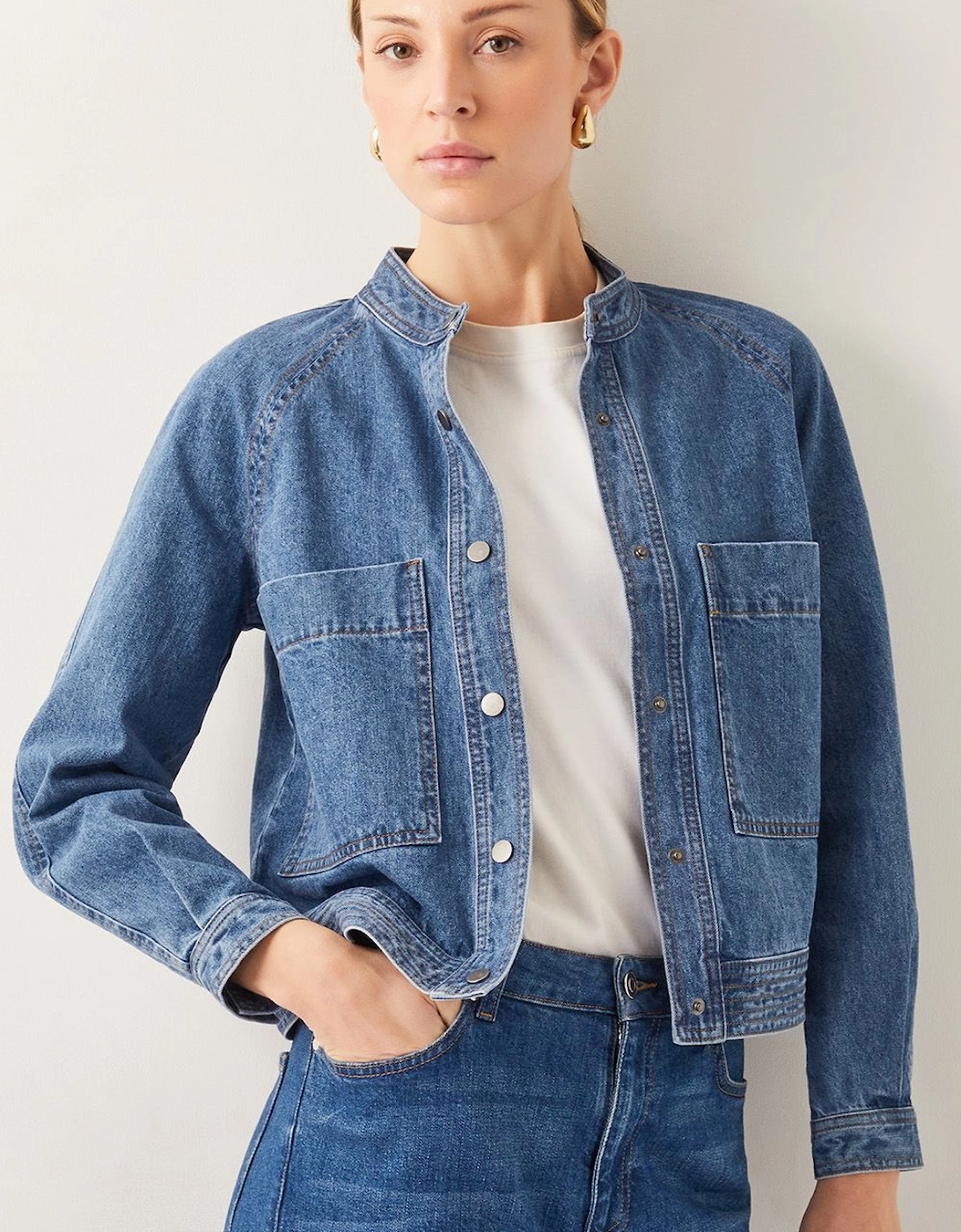 Binky Crop Collarless Denim Jacket Blue, 2 of 1