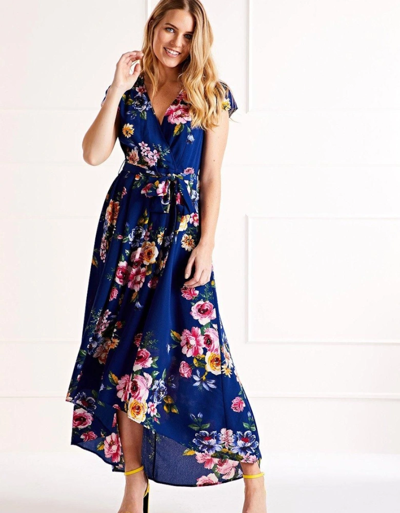 Blue Floral Wrap Over Dipped Hem Midi Dress