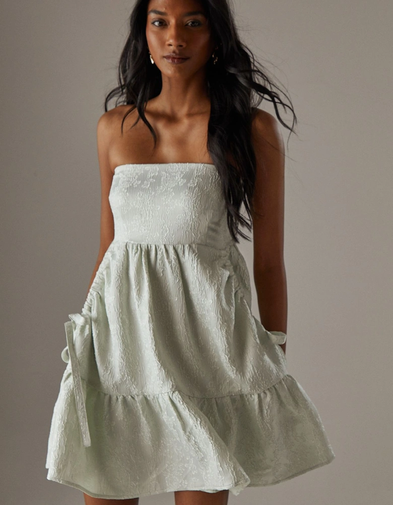 Jacquard Shirred Bandeau Bellow Pocket Mini Dress