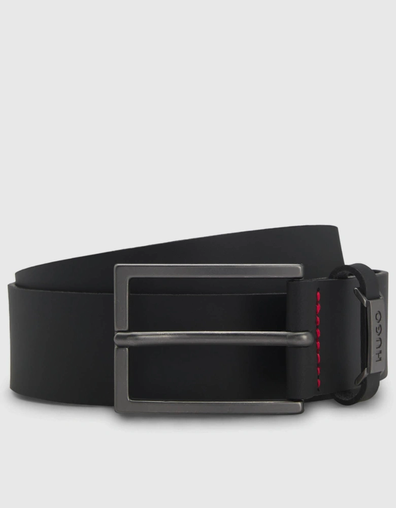HUGO Gabriel Mens Buffalo-Leather Belt with Logo Keeper and Polished Hardware - Black 002