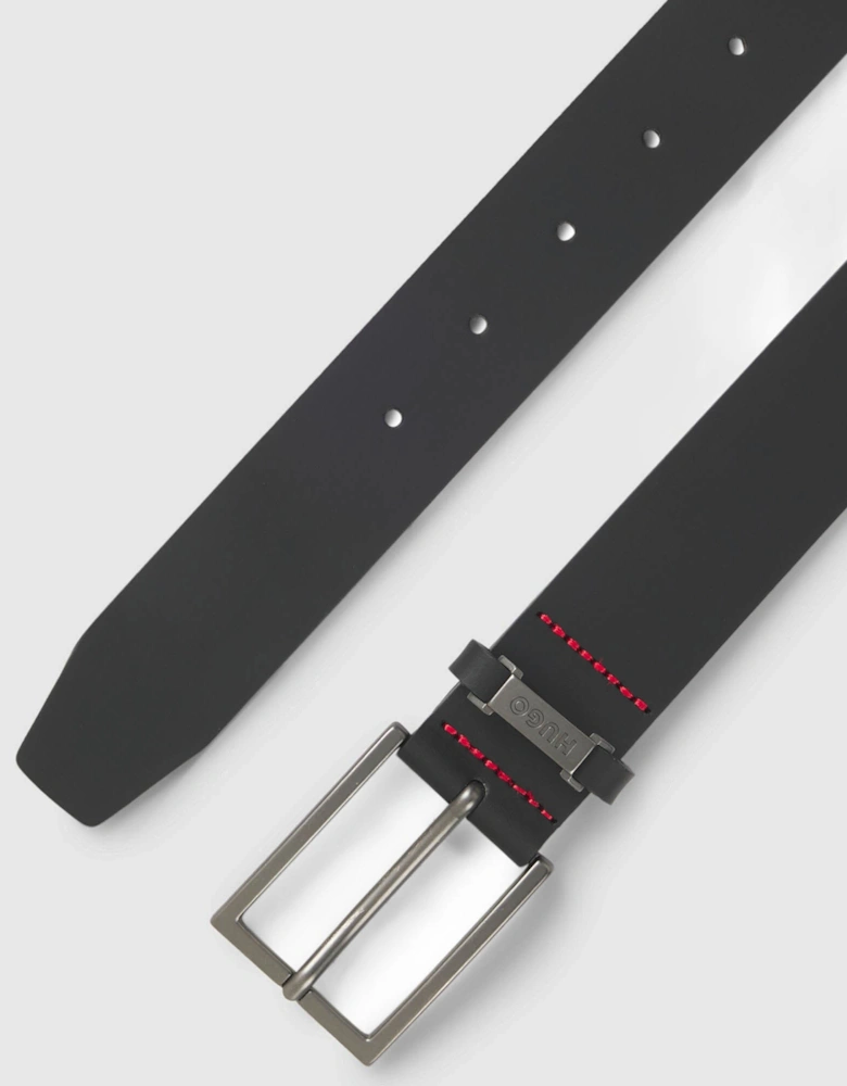 HUGO Gabriel Mens Buffalo-Leather Belt with Logo Keeper and Polished Hardware - Black 002