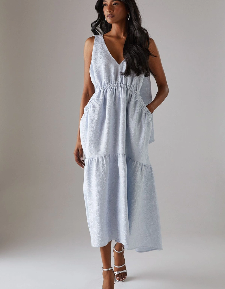 Jacquard Plunge Tie Pocket Midi Dress