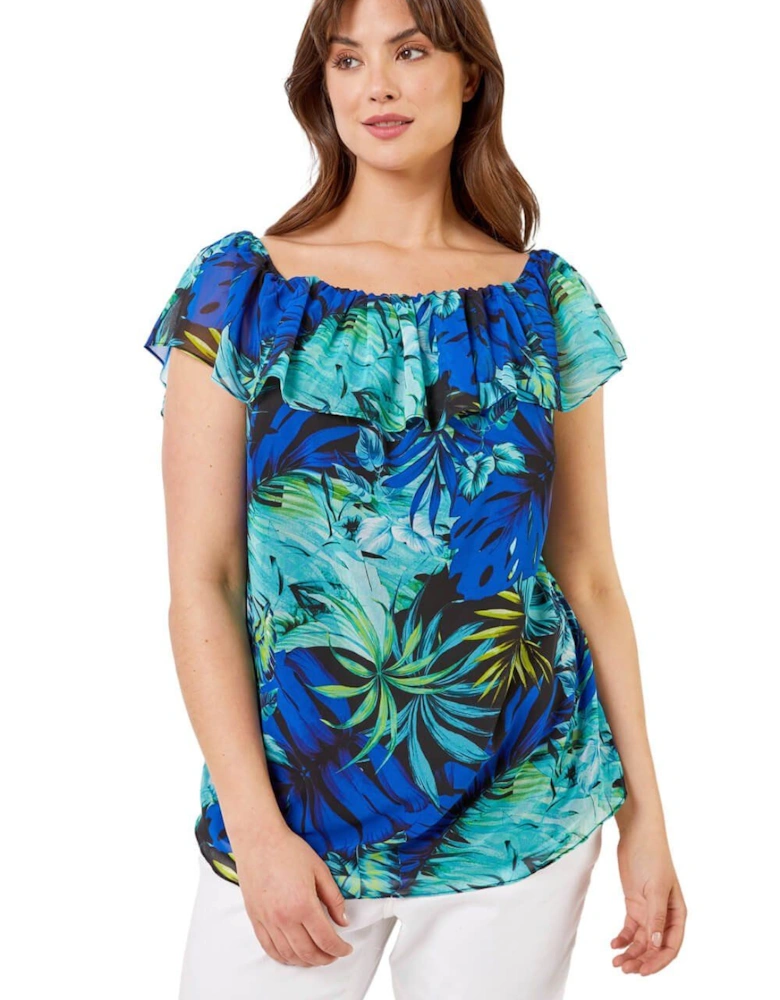 Curve Tropical Print Chiffon Bardot Top