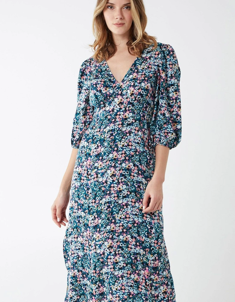 3/4 Puff Frill Sleeve Midi Dress
