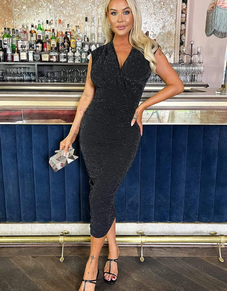 Black Sparkle Wrap Top Ruched Skirt Midi Dress