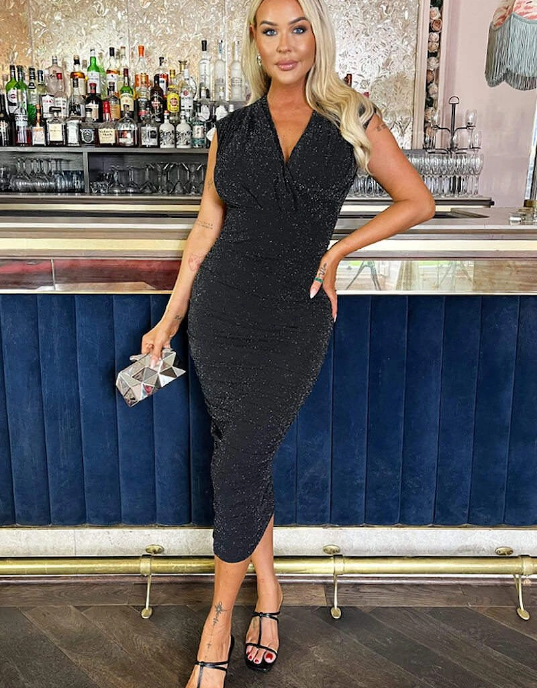 Black Sparkle Wrap Top Ruched Skirt Midi Dress, 2 of 1