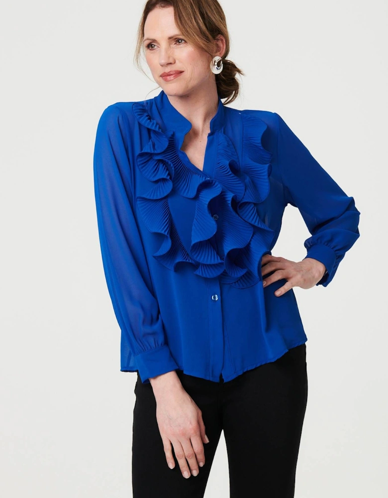 Sheer Ruffled V-Neck Long Sleeve Blouse