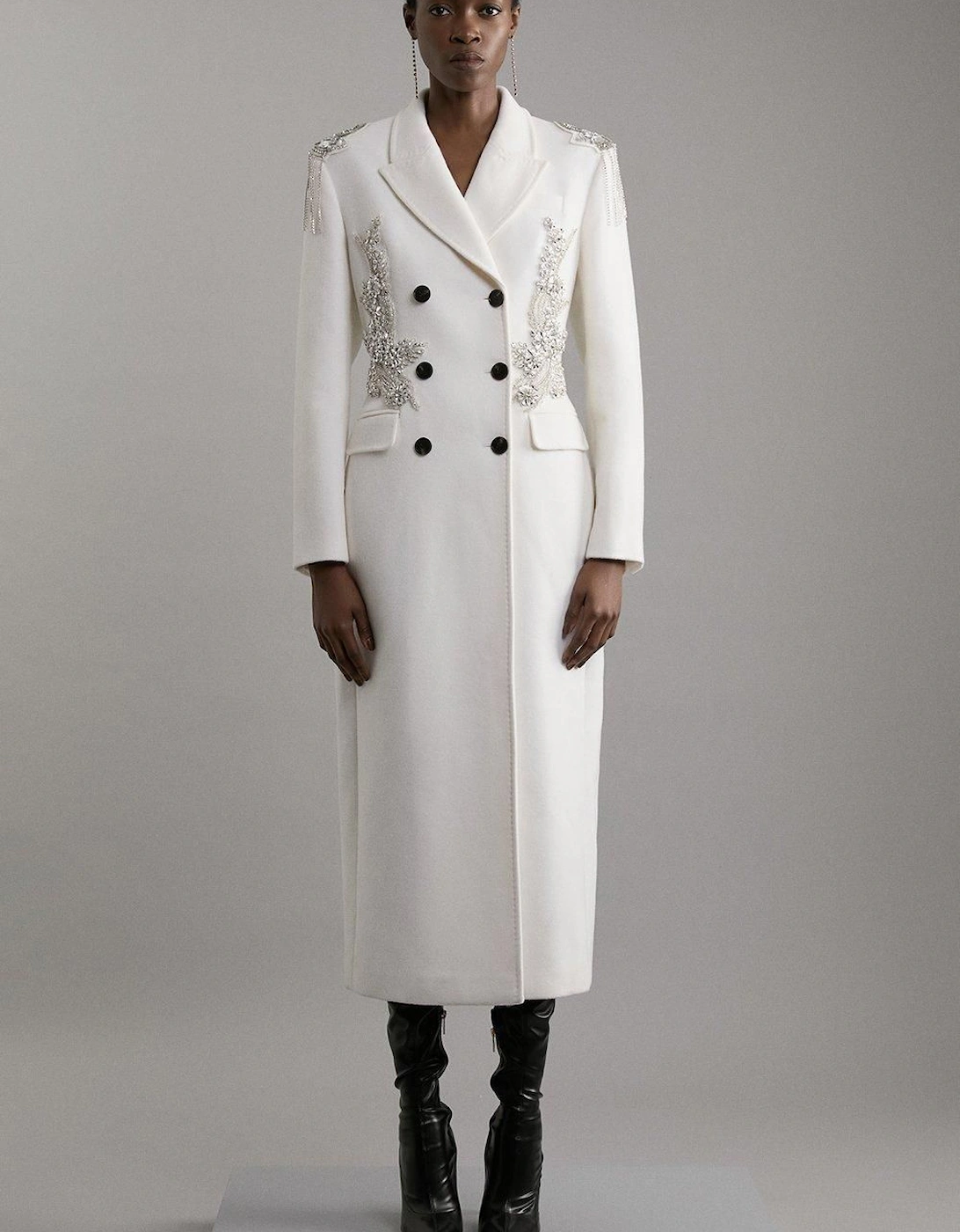 Wool Blend Crystal Embellished Double Breasted Tailored Maxi Coat, 2 of 1