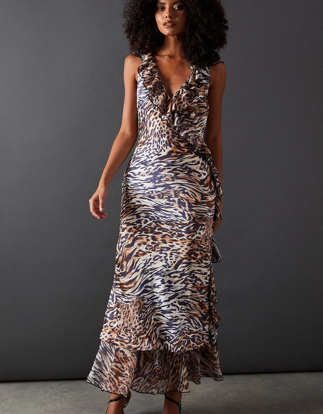 Animal Satin Wrap Chiffon Frill Detail Midi Dress, 2 of 1