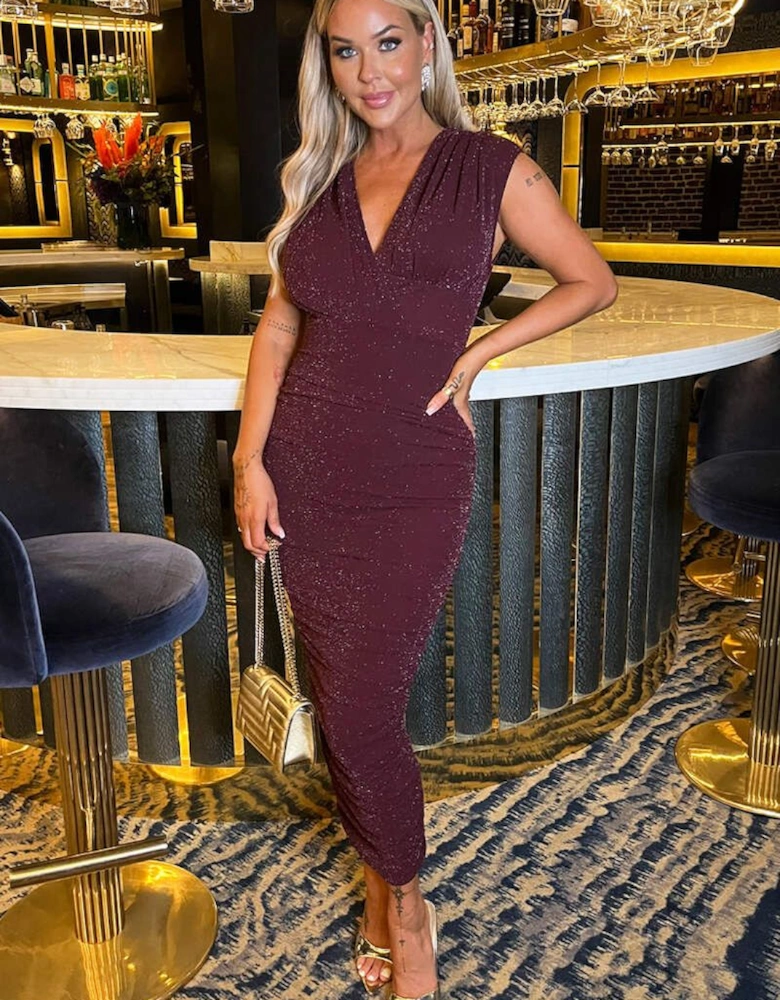 Plum Sparkle Wrap Top Ruched Skirt Midi Dress