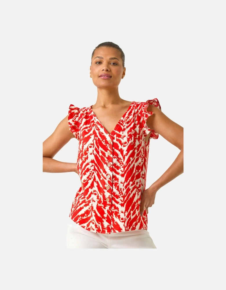 Printed Frill Sleeve Button Blouse