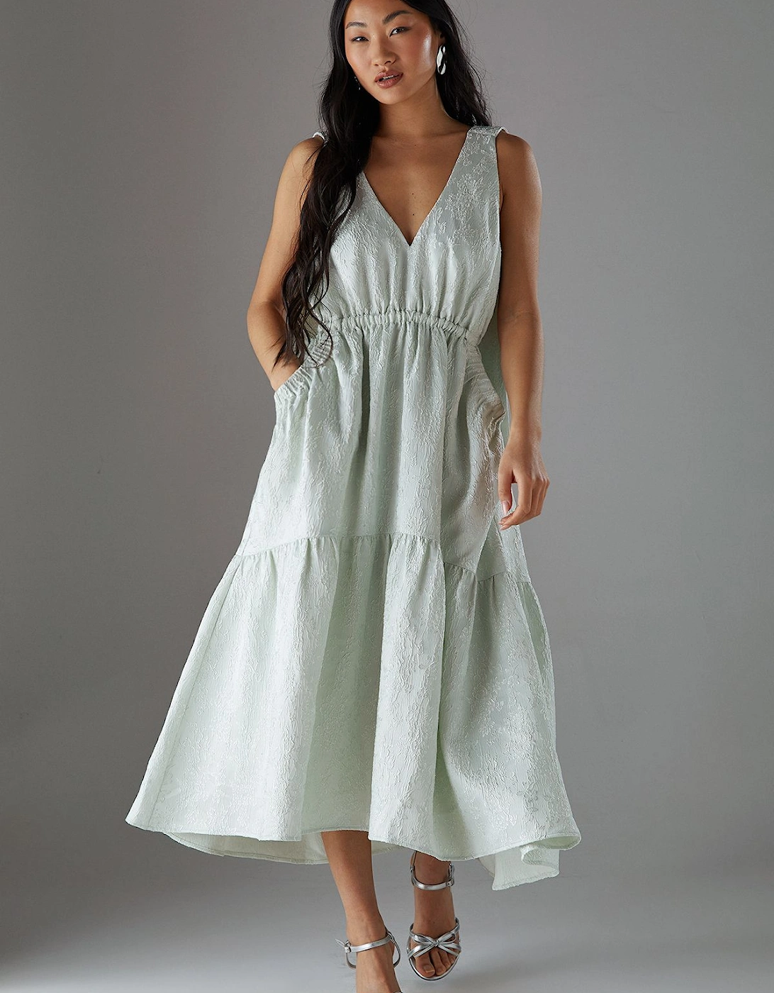 Petite Jacquard Plunge Tie Pocket Midi Dress, 2 of 1