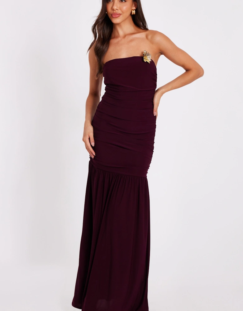 Burgundy Strapless Corsage Maxi Dress