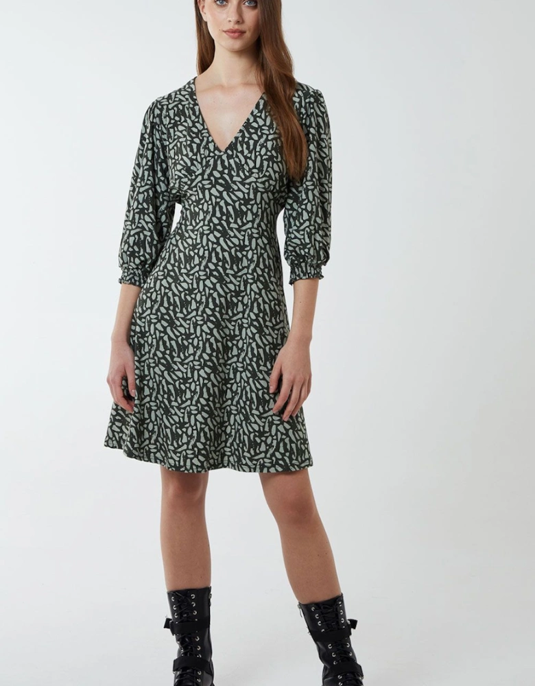 3/4 Sleeved Shirring Cuff Tea Dress
