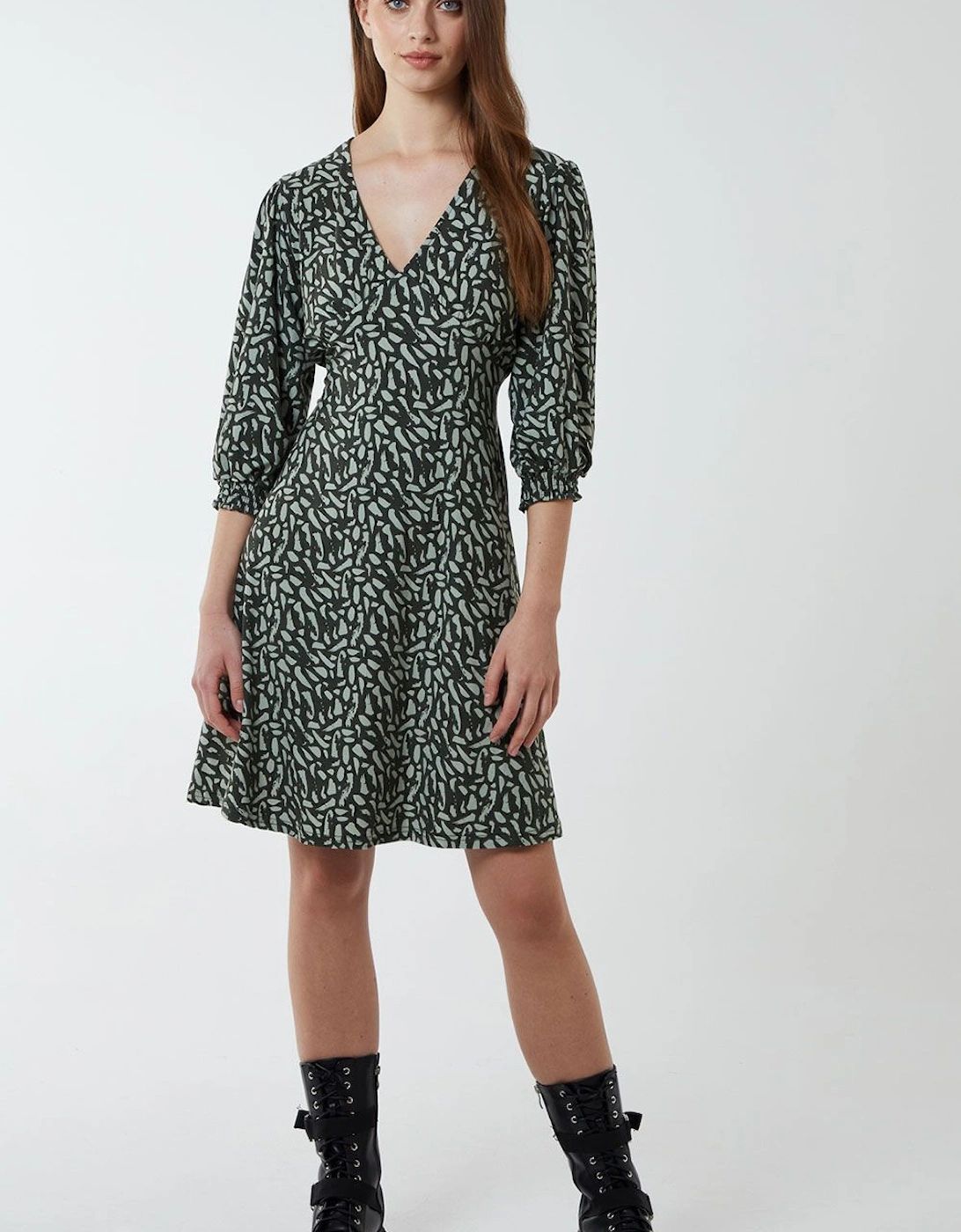 3/4 Sleeved Shirring Cuff Tea Dress, 2 of 1