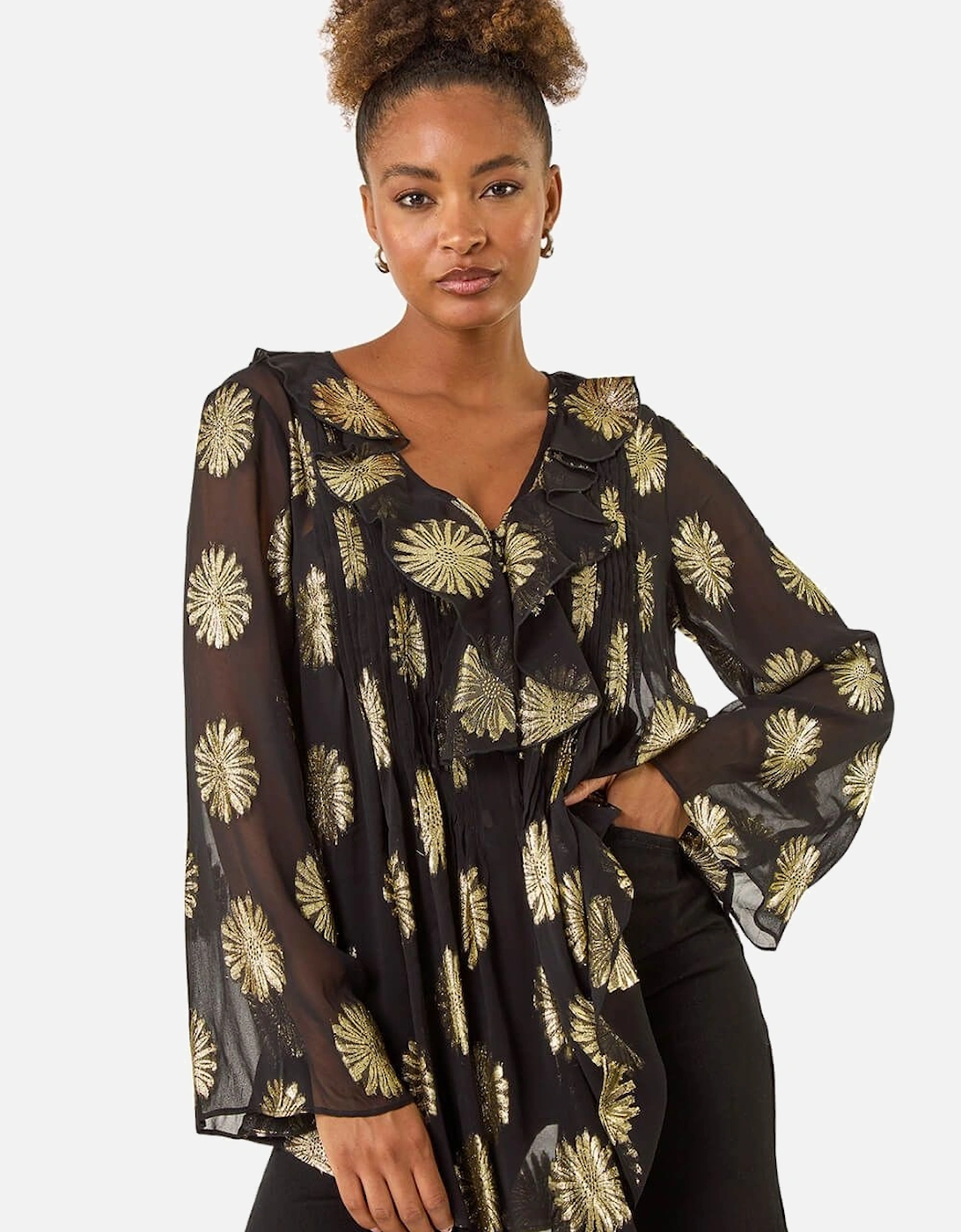 Floral Jacquard Frill Buttoned Blouse, 2 of 1