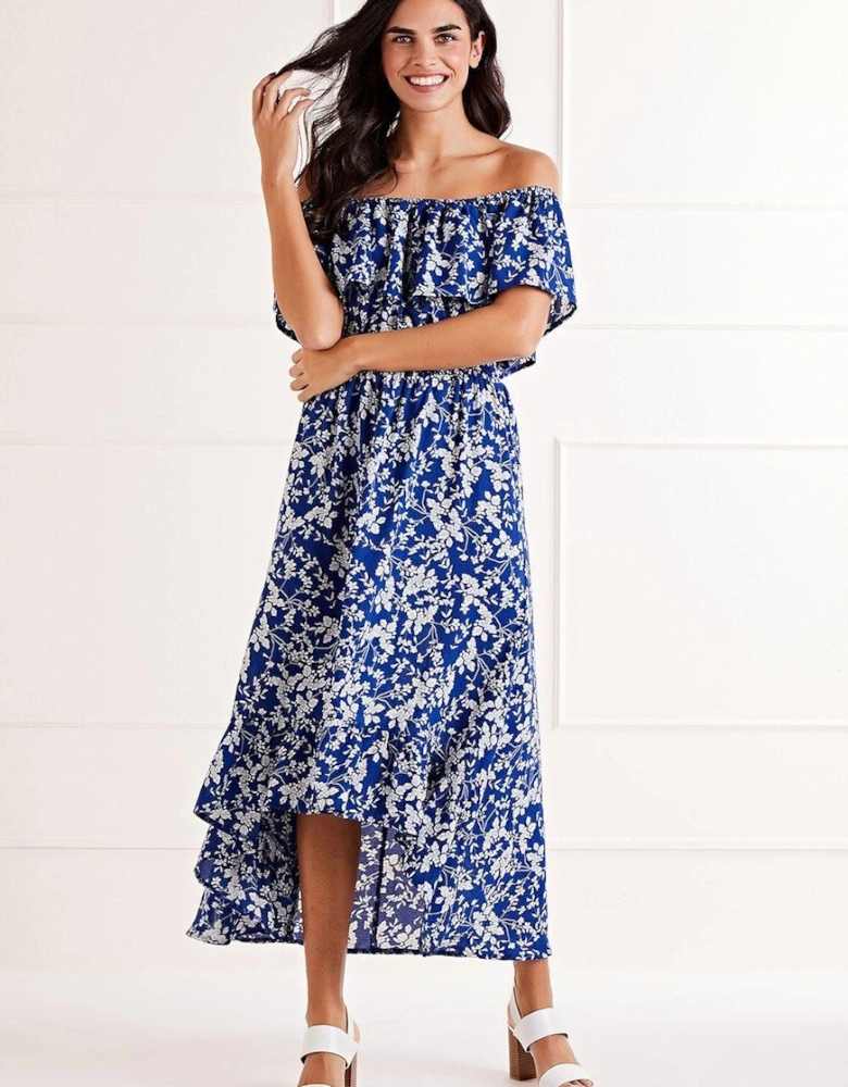Blue Ditsy Print Bardot Dipped Hem Dress