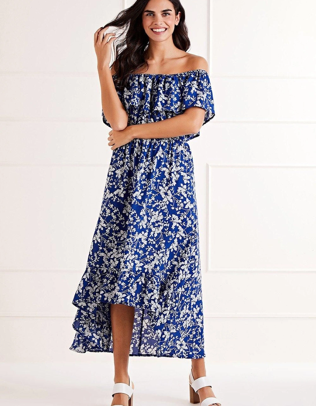 Blue Ditsy Print Bardot Dipped Hem Dress, 2 of 1