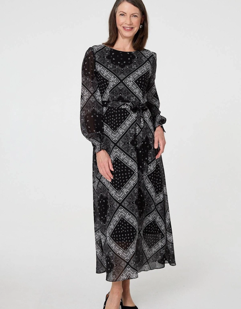 Printed Long Sleeve Maxi Dress with Belt