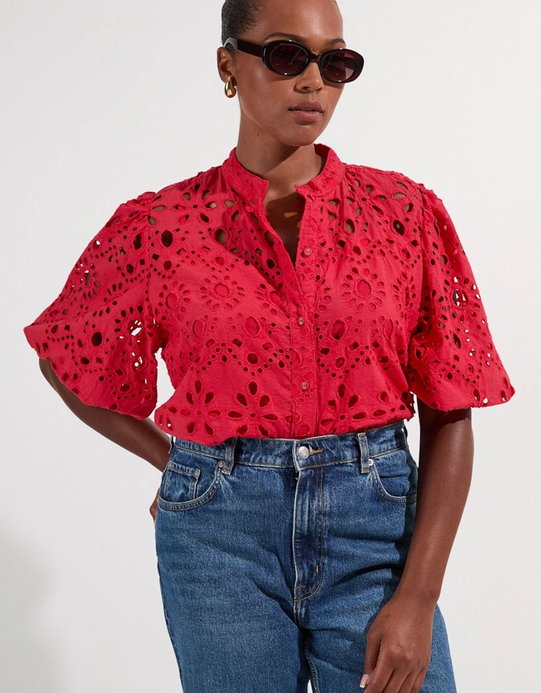 Plus Size Cotton Broderie Woven Short Sleeve Blouse