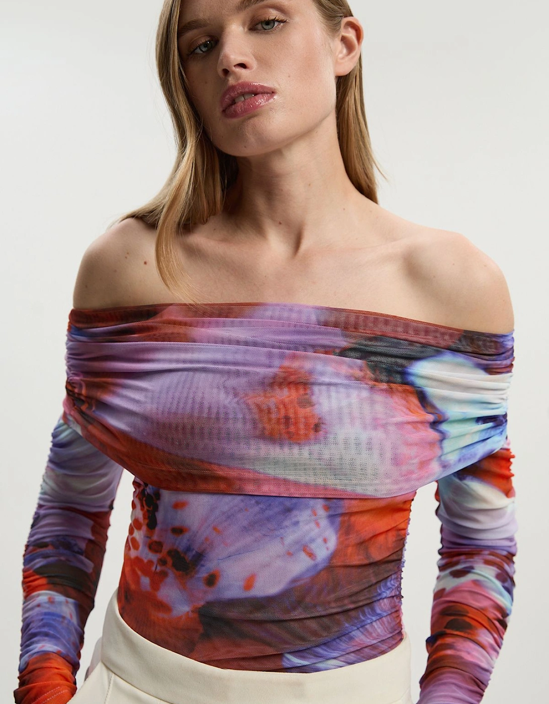Floral Printed Mesh Off The Shoulder Bodysuit, 2 of 1