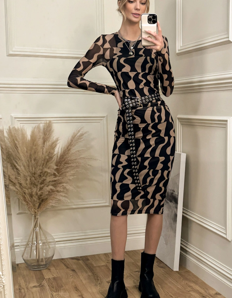 Print Long Sleeve Mesh Bodycon Dress