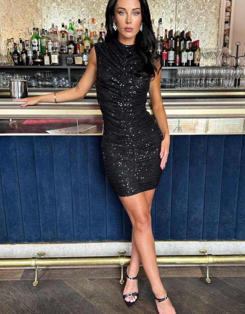 Black Sequin High Neck Ruched Bodycon Mini Dress