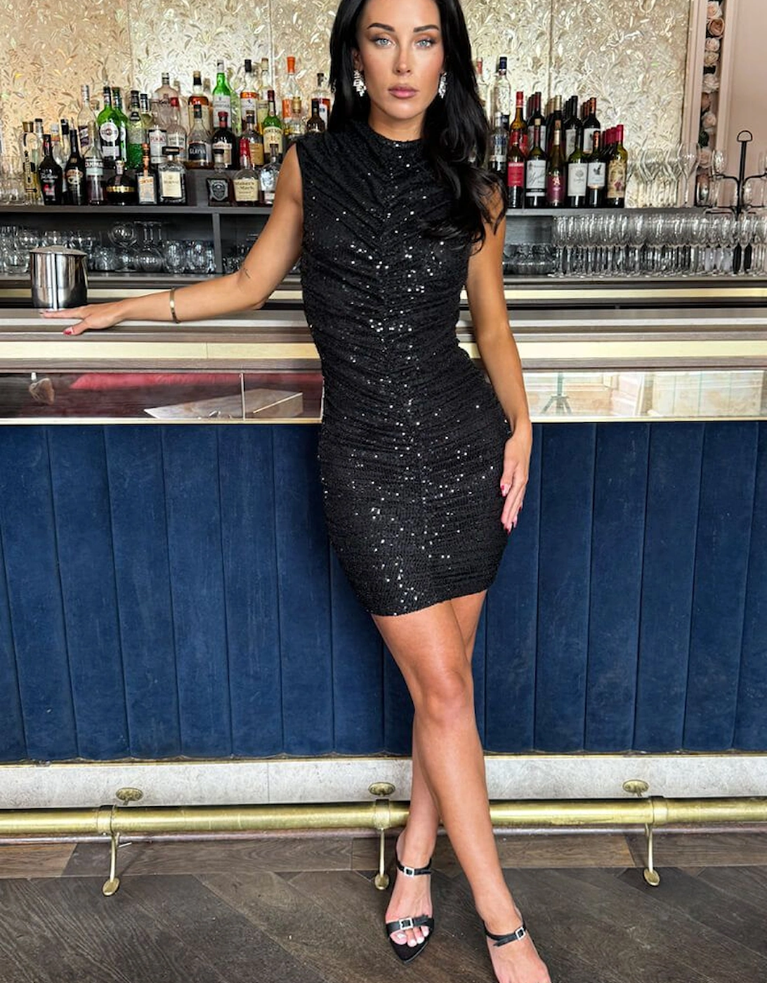 Black Sequin High Neck Ruched Bodycon Mini Dress, 2 of 1