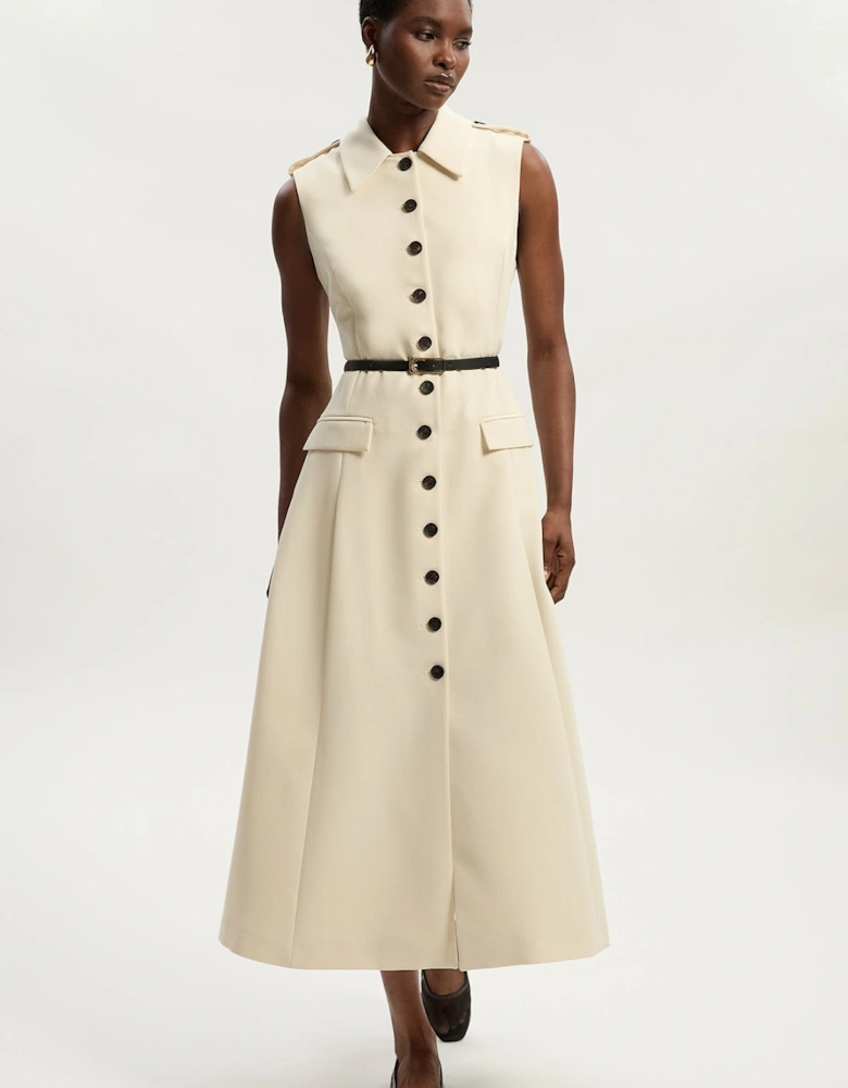 Tailored Crepe Sleeveless Button Front Tailored Shirt Midi Dress