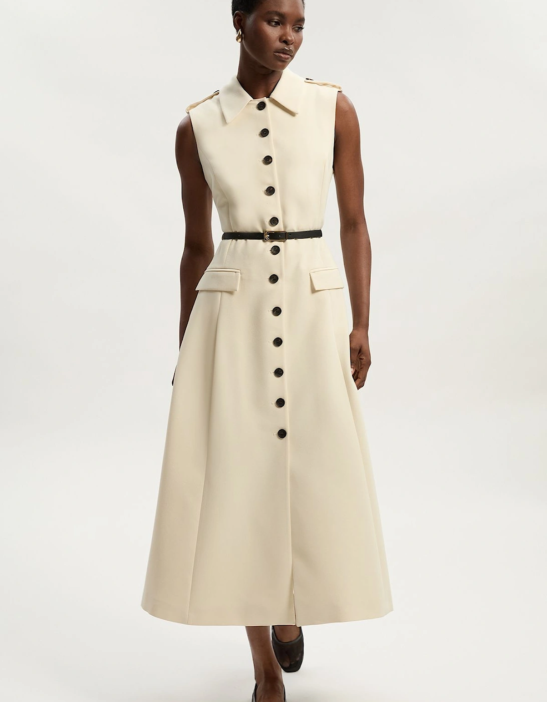 Tailored Crepe Sleeveless Button Front Tailored Shirt Midi Dress, 2 of 1