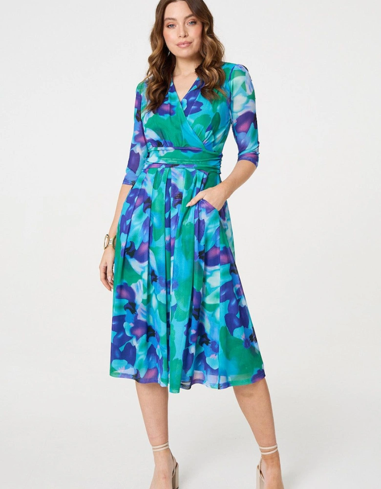 Printed Short Sleeve Pleated Wrap Midi Dress