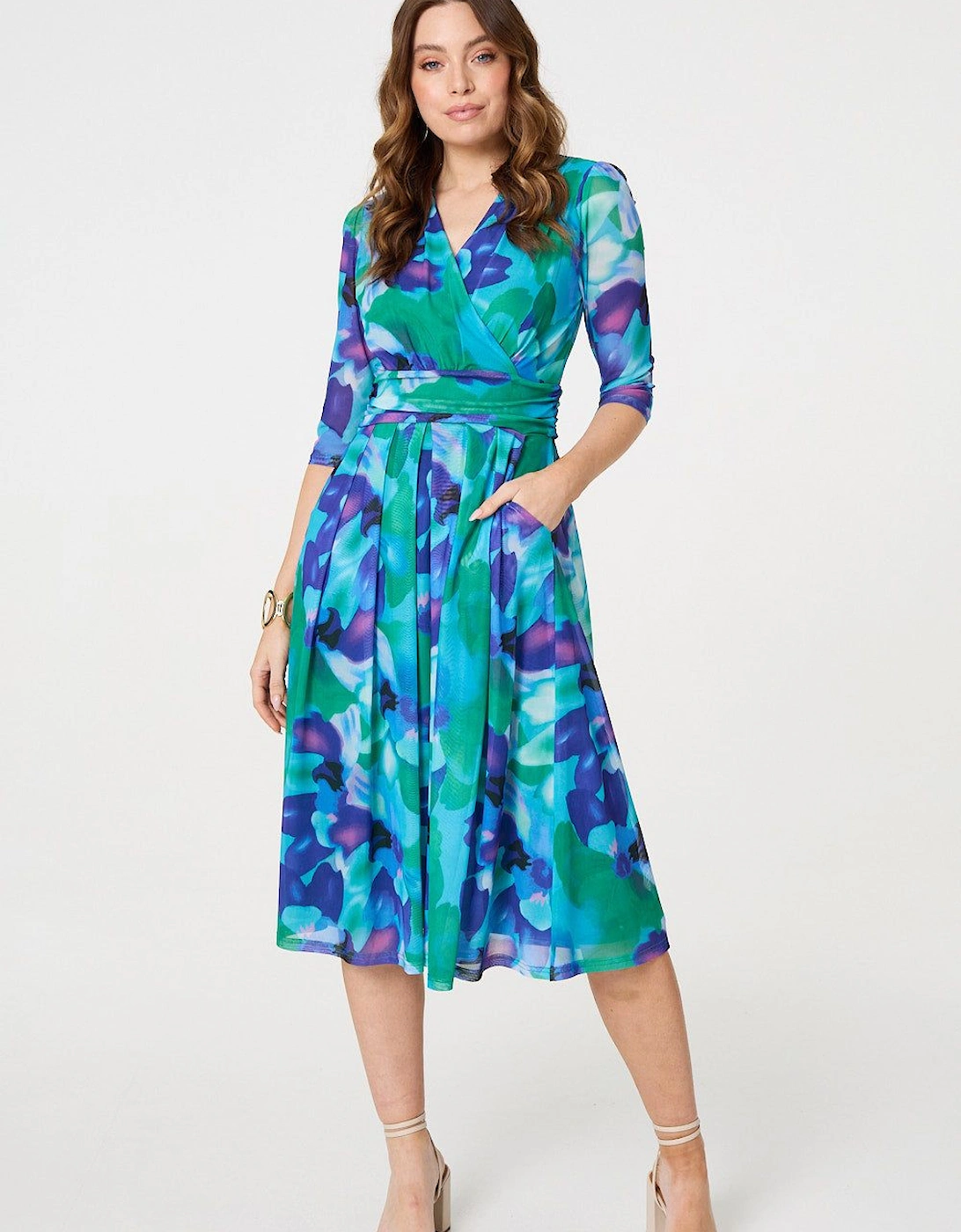 Printed Short Sleeve Pleated Wrap Midi Dress, 2 of 1