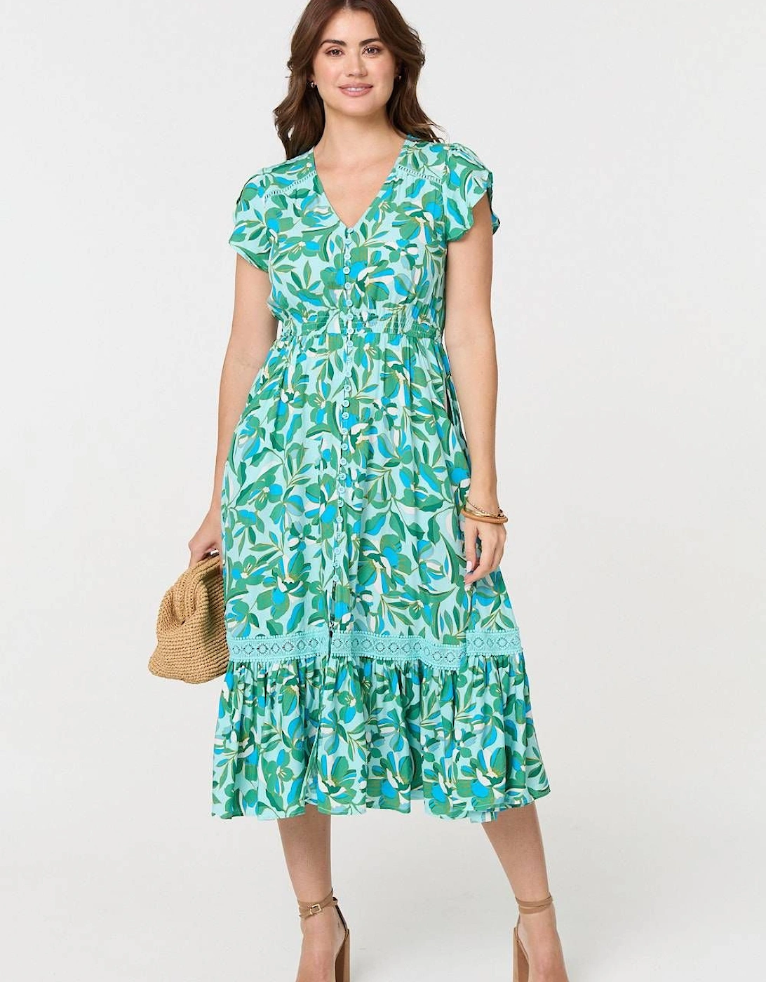 Leaf Print Cap Sleeve Lace Trim Midi Dress, 2 of 1