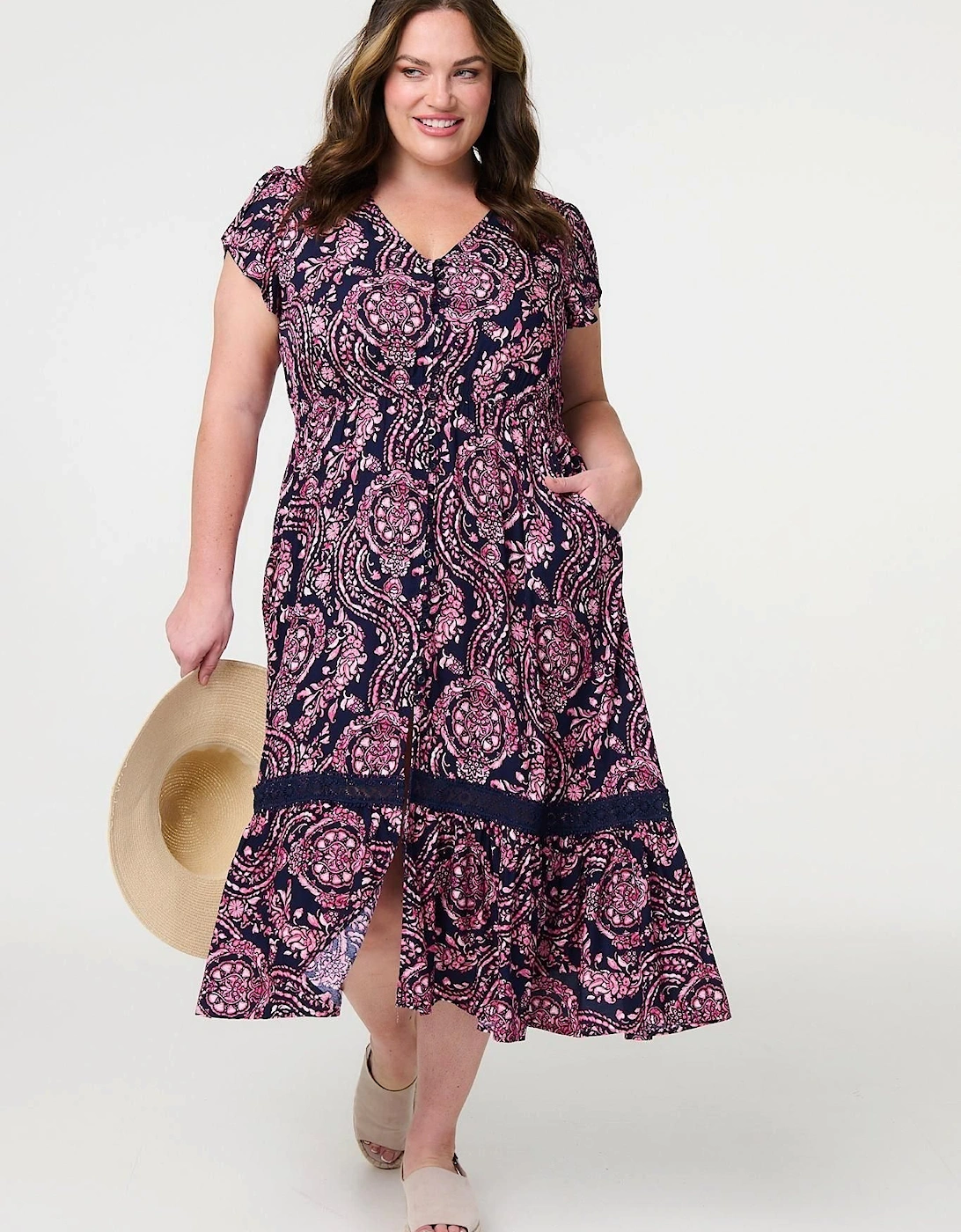 Printed Short Sleeve Lace Trim Midi Dress, 2 of 1