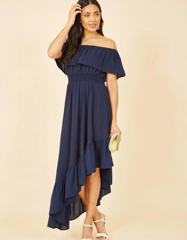 Navy Bardot Maxi Dress With Asymmetric Hem