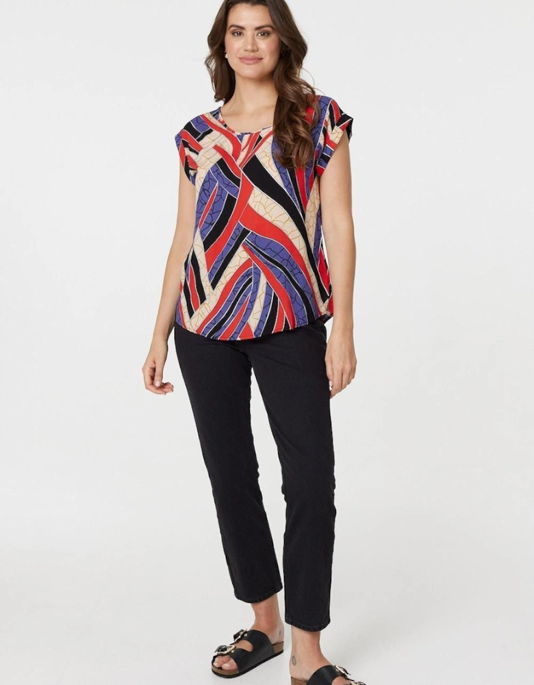 Abstract Print Turn-Up Sleeve Shell Top