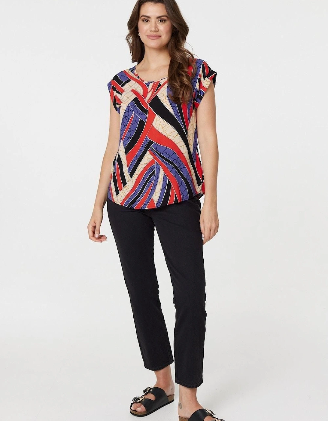 Abstract Print Turn-Up Sleeve Shell Top, 2 of 1