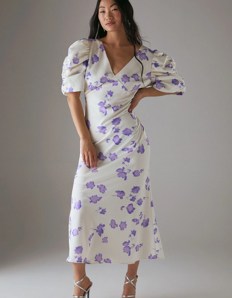 Petite Satin Pleat Volume Sleeve Plunge Bias Midi Dress